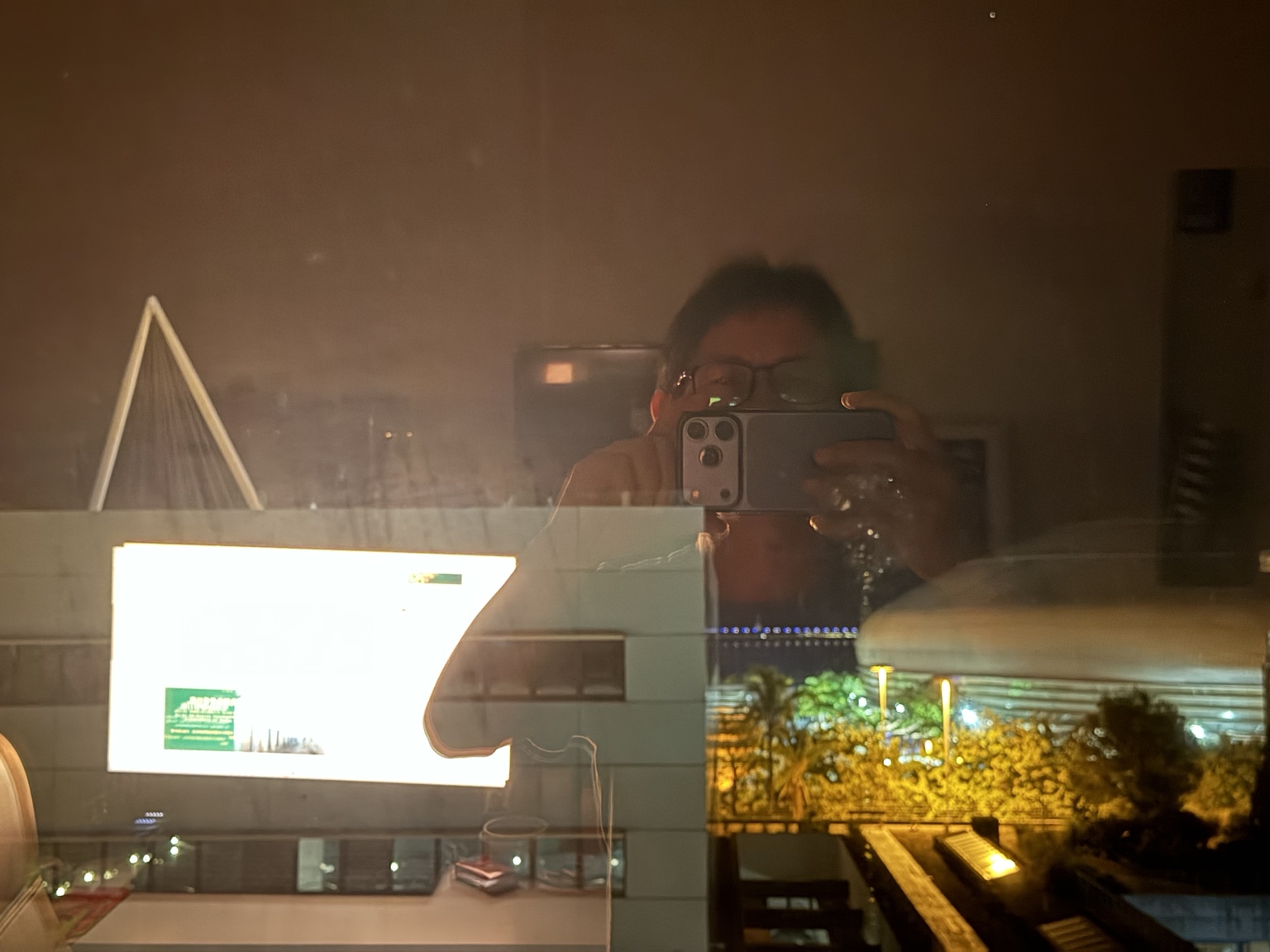 万国公园夜晚的玻璃窗上,窗外世博灯光、窗内电脑桌面与举着手机的作者倒影叠在一起