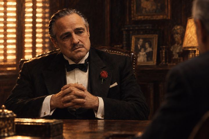 Ilustração gerada por IA: Vito Corleone no escritório, a ouvir outro pai